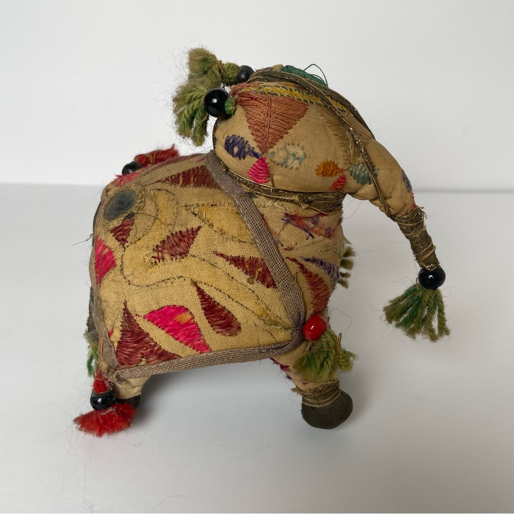 VTG India Folk Art Elephant Hand Woven Fabric Mirrors BOHO Rajasthan MCM 4 inch